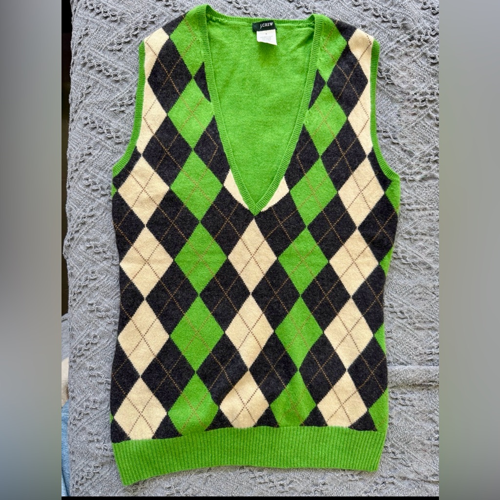 J. Crew Green And White Argyle Sweater Vest Size: Small